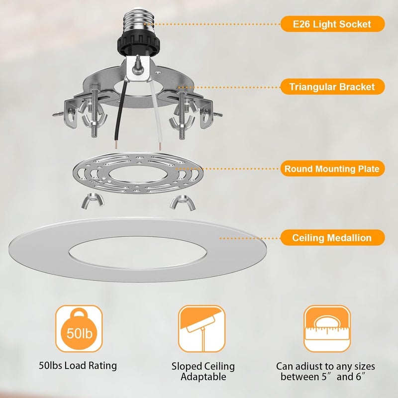 YIIZON 5 and 6 inch Recessed Can Light Conversion Kit, Ceiling Light Fixture Upgrade, Pendant & Hanging, 7¾ Inch Flat Steel Ceiling Medallion, White Finish 2 Packs - Image 2